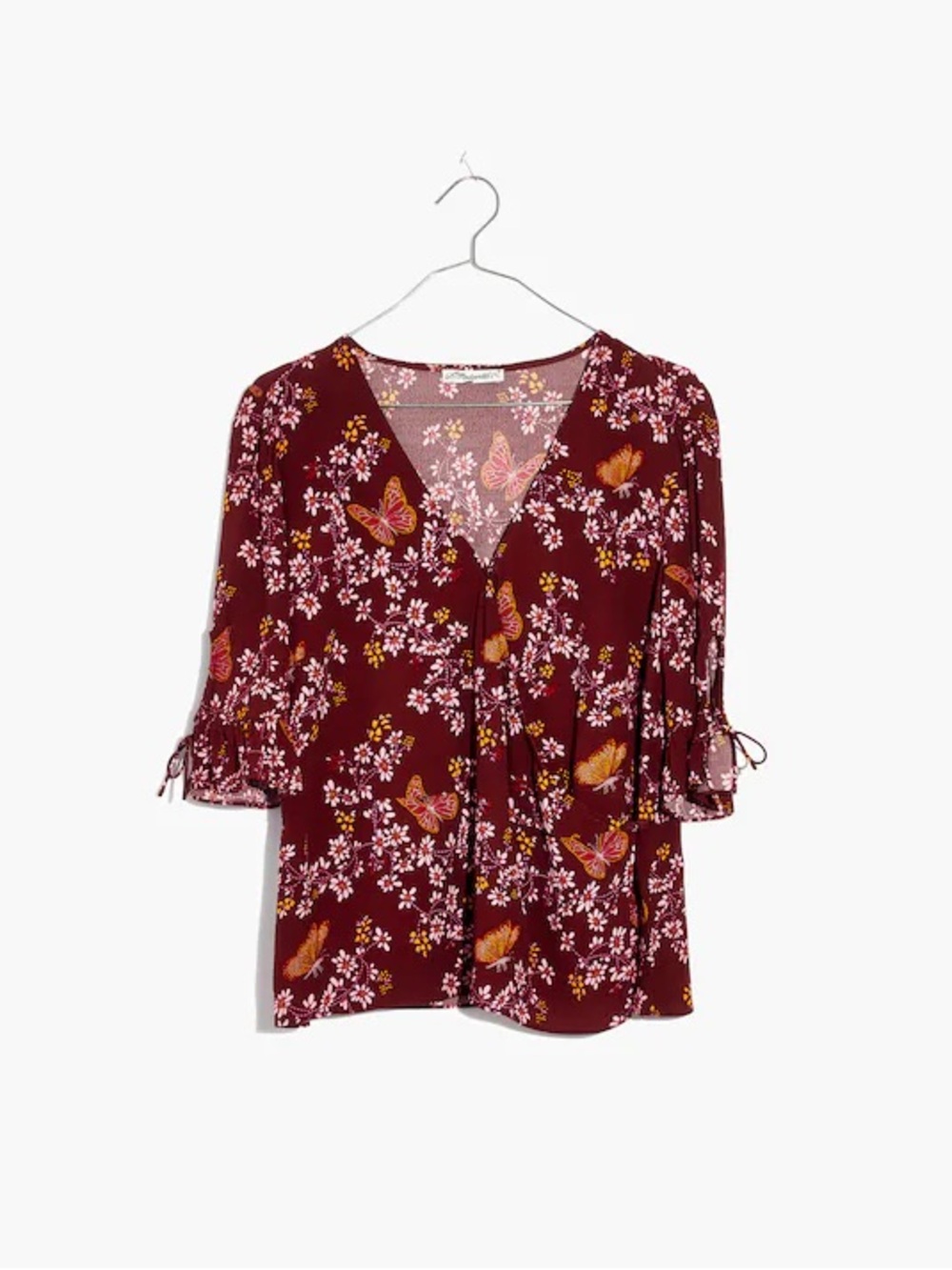 Madewell Tie-Sleeve Wrap Top in Butterfly Sanctuary